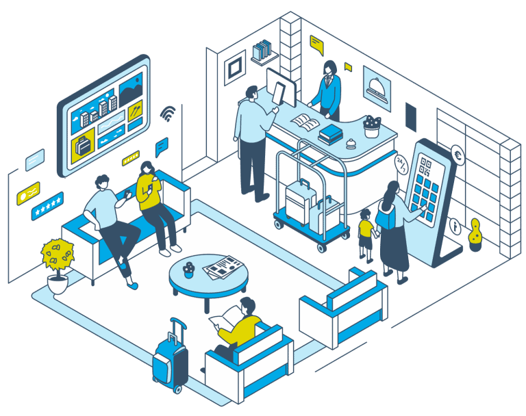 Un’illustrazione grafica che mostra l’utilizzo in hotel dei prodotti di Hotelcore (Guida digitale per gli ospiti, Canale informativo, Giornale dell’hotel, Chiosco con touchscreen). Un dipendente dell’hotel parla con un ospite.